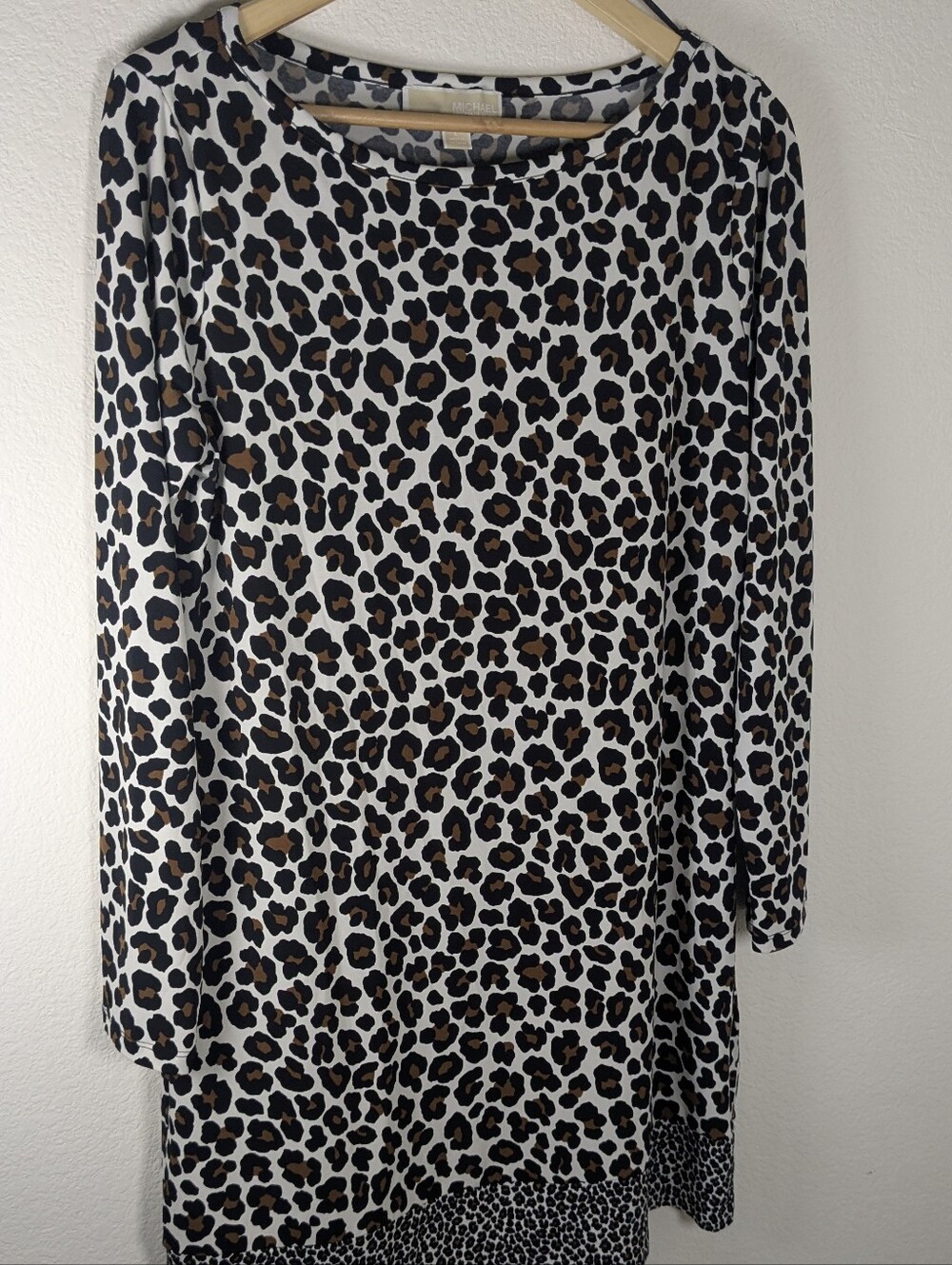 Michael Kors Leopard Print Shift Dress Tunic Large 3/4 Sleeve Animal Print